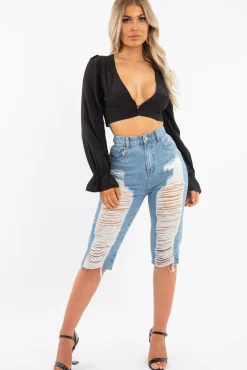 Rebellious Fashion Black Woven Plunge Button Front Crop Blouse - Katerina