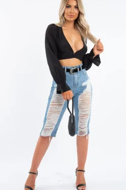 Rebellious Fashion Black Woven Plunge Button Front Crop Blouse - Katerina
