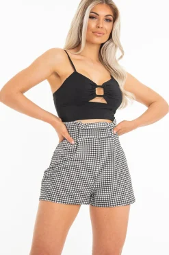 Rebellious Fashion Black Woven Plunge Ring Detail Crop Top - Lettie