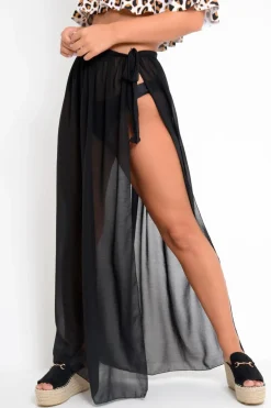 Rebellious Fashion Black Wrap Chiffon Maxi Skirt - Eveah