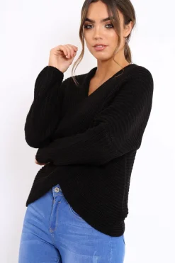 Rebellious Fashion Black Wrap Front Cable Knit Jumper - Melia