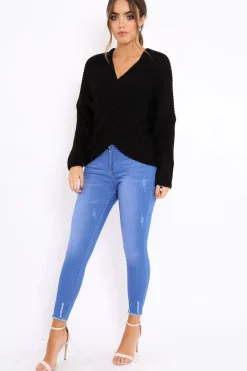 Rebellious Fashion Black Wrap Front Cable Knit Jumper - Melia