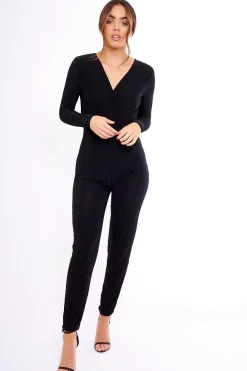 Rebellious Fashion Black Wrap Front Long Sleeved Slinky Jumpsuit - Kendal