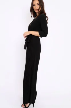 Rebellious Fashion Black Wrap Front Plisse Leg Jumpsuit - Haiden