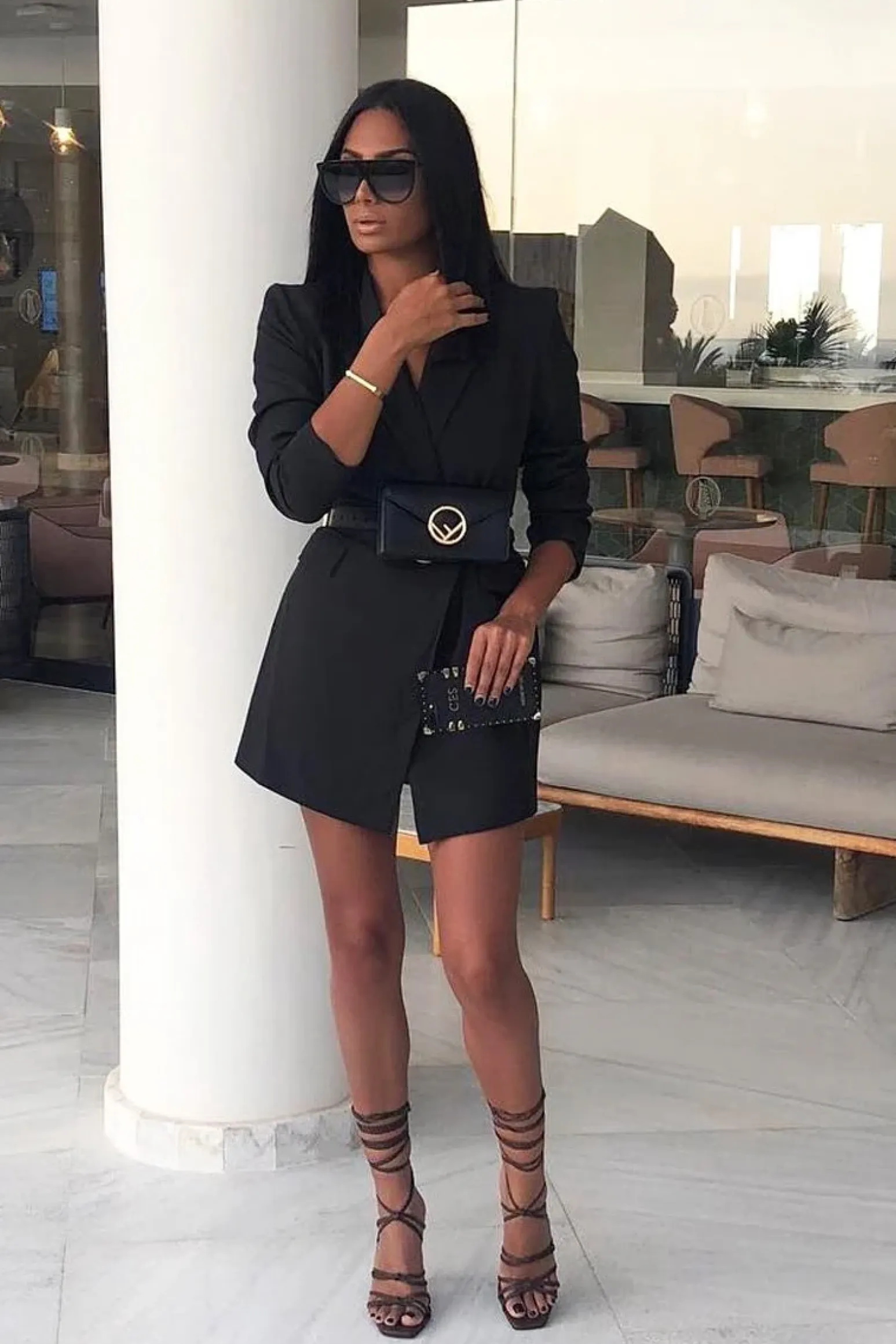 Rebellious Fashion Black Wrap Over Belted Blazer - Holden