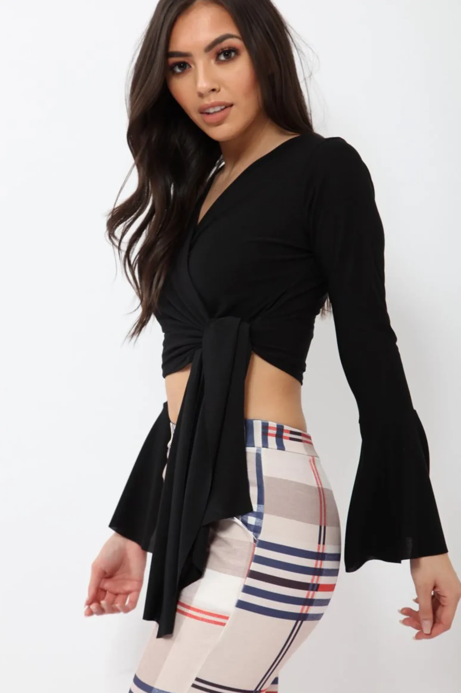 Rebellious Fashion Black Wrap Over Tie Front Crop Top - Ella