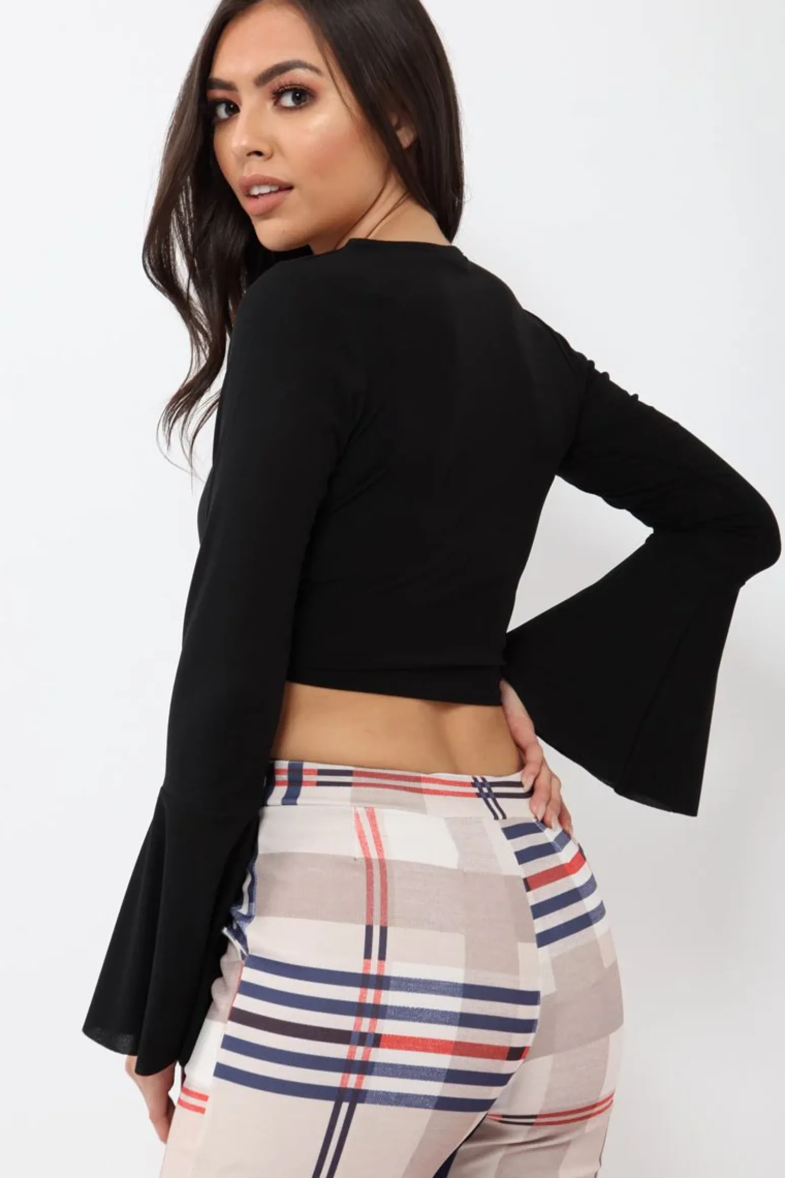 Rebellious Fashion Black Wrap Over Tie Front Crop Top - Ella
