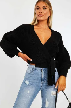 Rebellious Fashion Black Wrap Tie Details Cardigan - Lucy