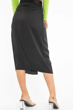 Rebellious Fashion Black Wrap Tie Side Satin Midi Skirt - Mailah