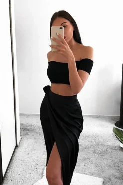 Rebellious Fashion Black Wrap Tie Side Satin Midi Skirt - Mailah