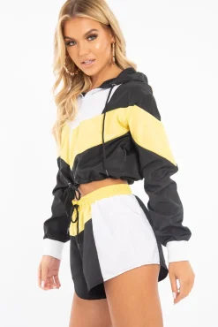 Rebellious Fashion Black Yellow Colour Block Hooded Jacket Shorts Tracksuit Co-ord - Jettie