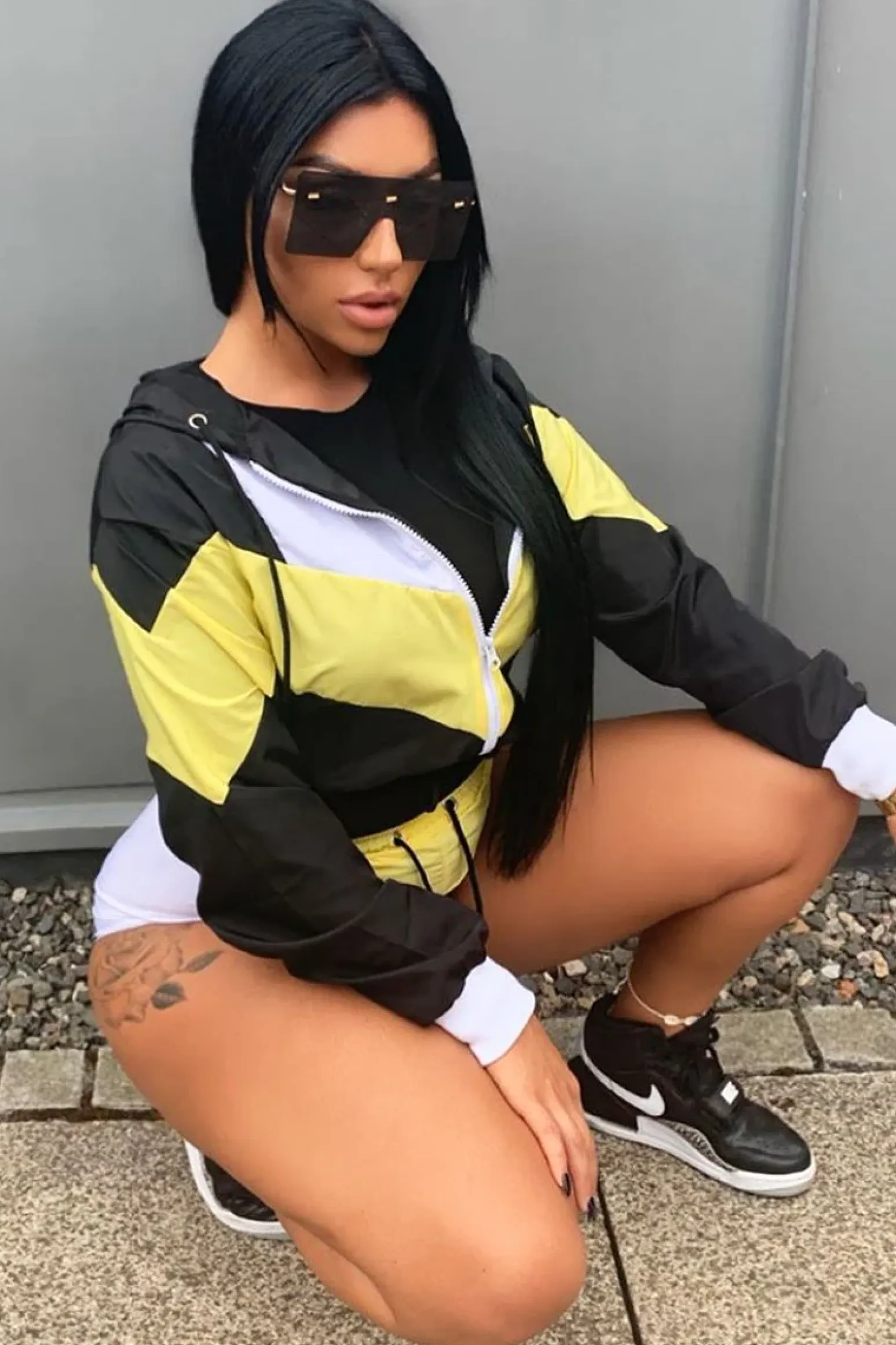 Rebellious Fashion Black Yellow Colour Block Hooded Jacket Shorts Tracksuit Co-ord - Jettie