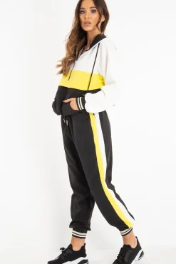 Rebellious Fashion Black Yellow Cuffed Hem Tie Waist Joggers - Kaci