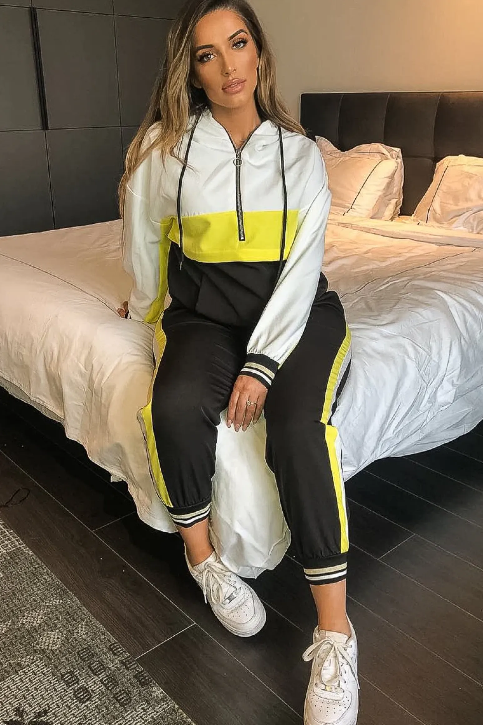 Rebellious Fashion Black Yellow Zip Front Drawstring Hoodie and Jogger Set - Evon