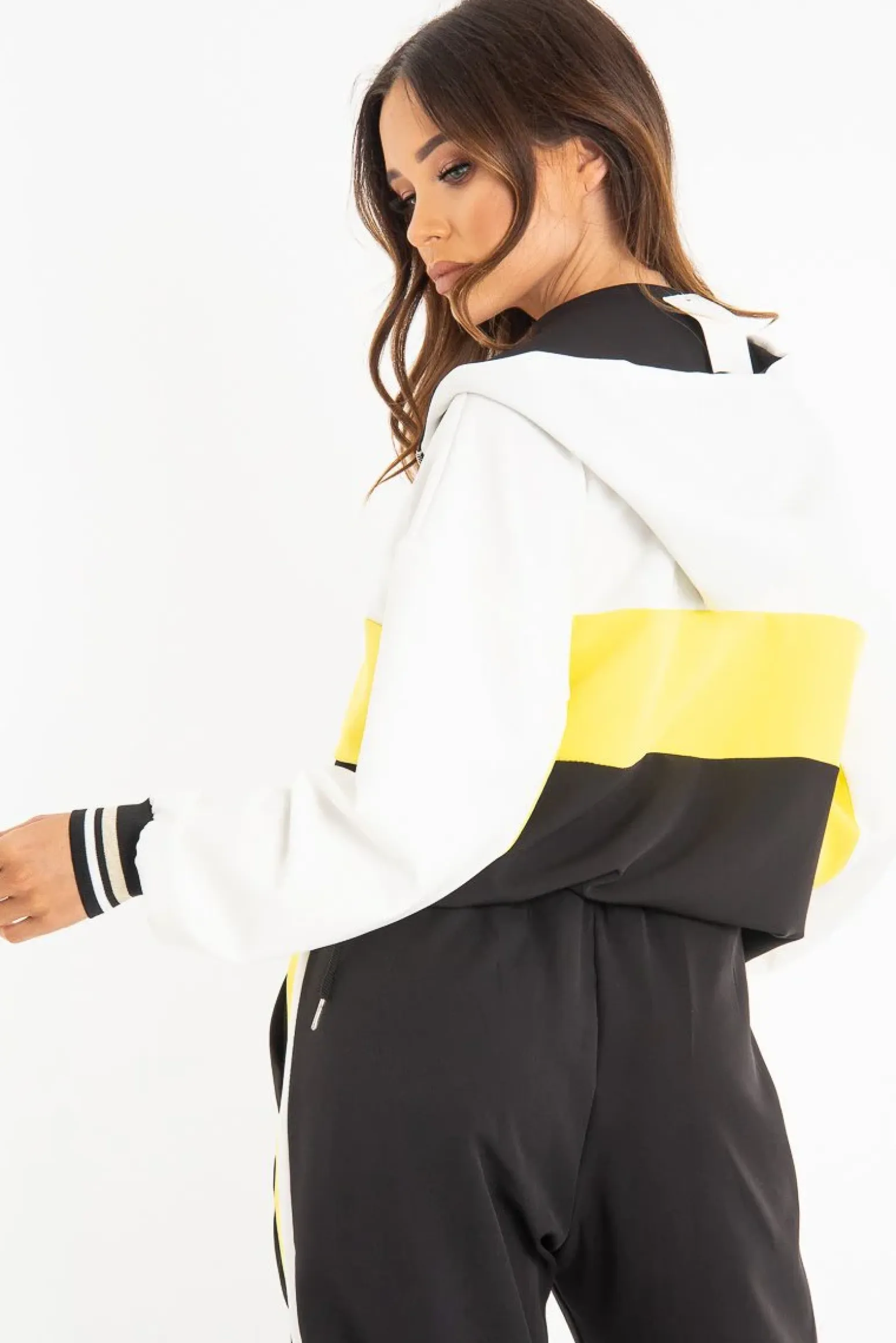 Rebellious Fashion Black Yellow Zip Front Drawstring Hoodie and Jogger Set - Evon