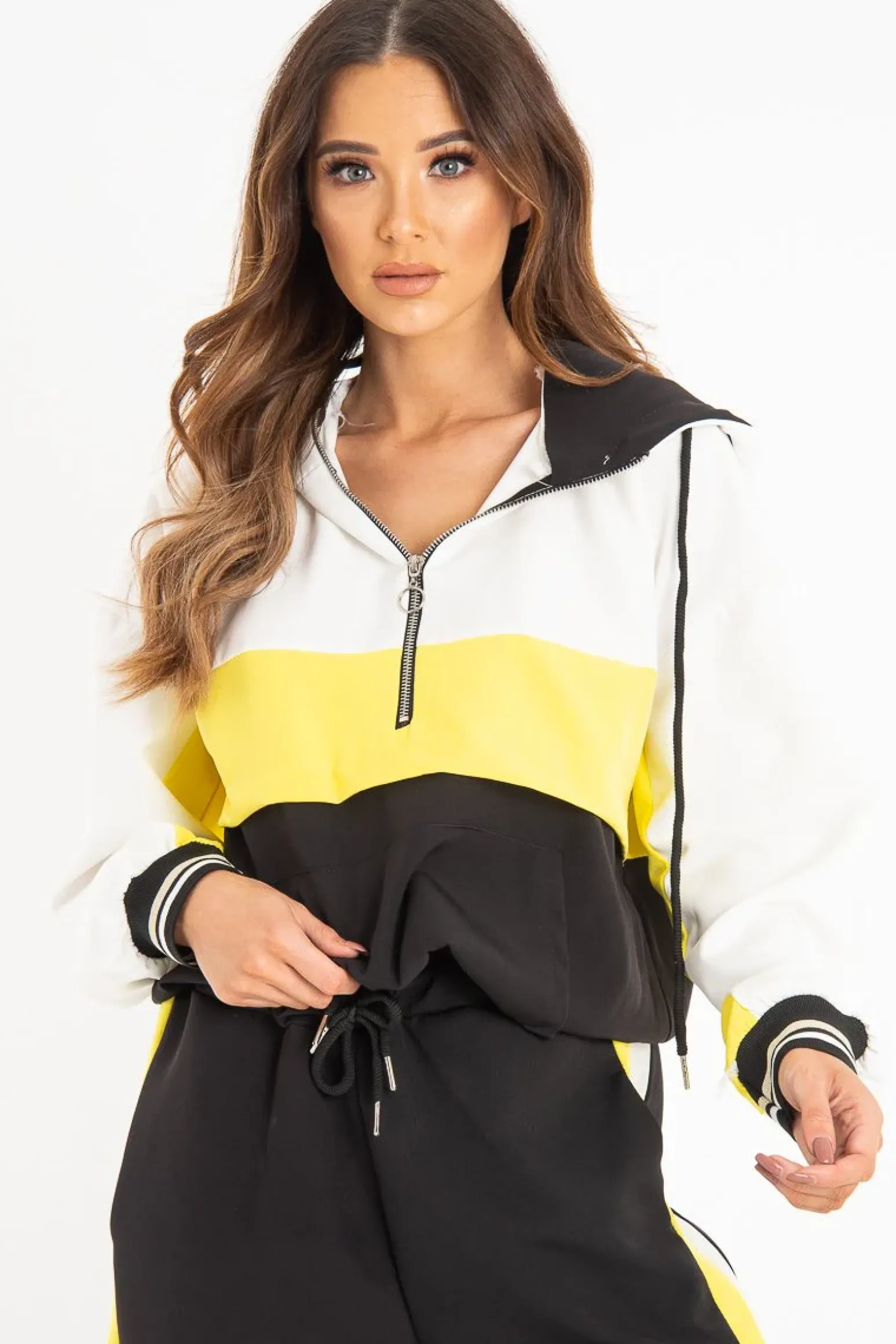 Rebellious Fashion Black Yellow Zip Front Drawstring Hoodie and Jogger Set - Evon