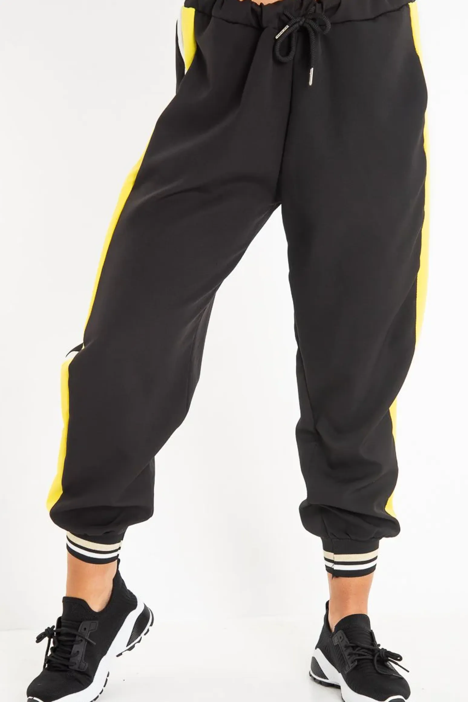 Rebellious Fashion Black Yellow Zip Front Drawstring Hoodie and Jogger Set - Evon
