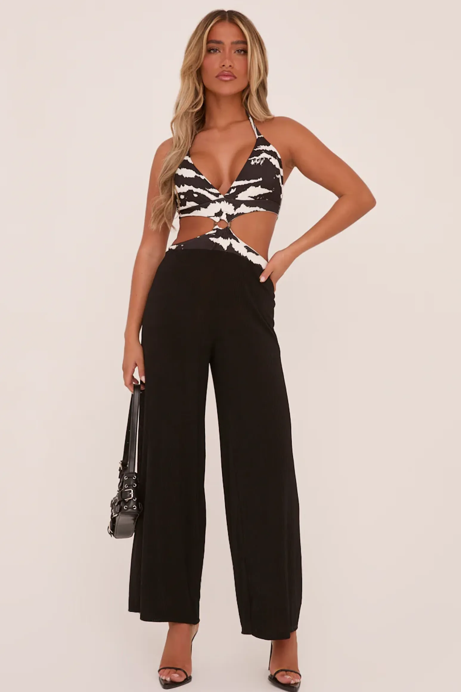 Rebellious Fashion Black Zebra Print Metal Trim Halter Neck jumpsuit - Melanie