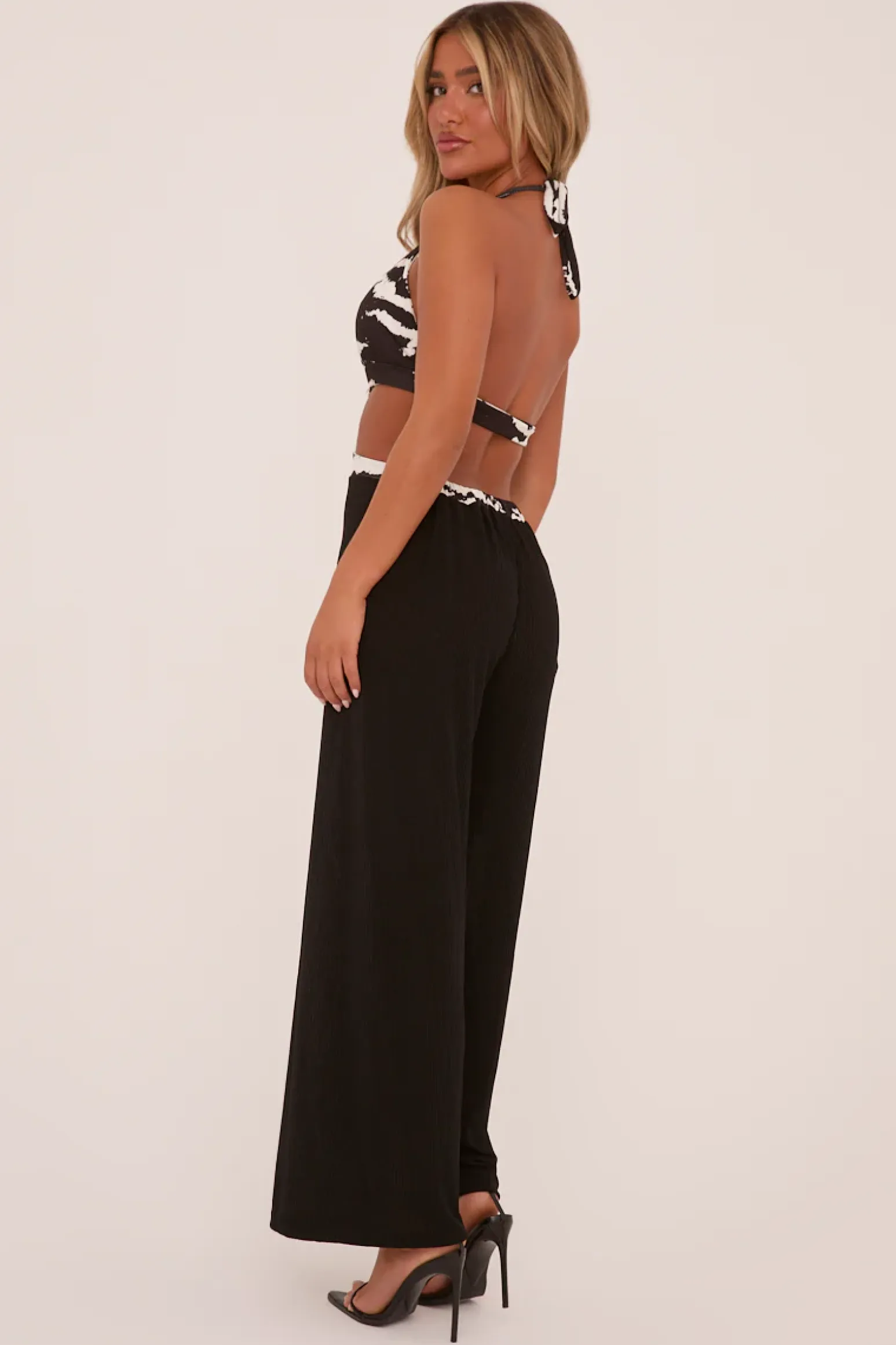 Rebellious Fashion Black Zebra Print Metal Trim Halter Neck jumpsuit - Melanie