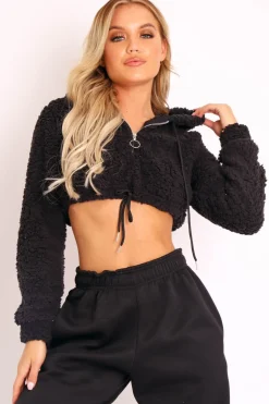 Rebellious Fashion Black 3/4 Zip Cropped Teddy Jumper - Ethelyn