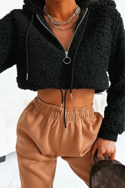 Rebellious Fashion Black 3/4 Zip Cropped Teddy Jumper - Ethelyn