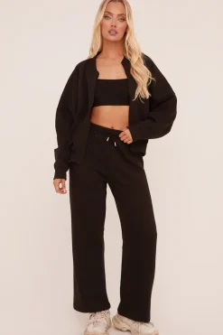 Rebellious Fashion Black Zip Front Bomber And Joggers Co-ord Set - Sasha