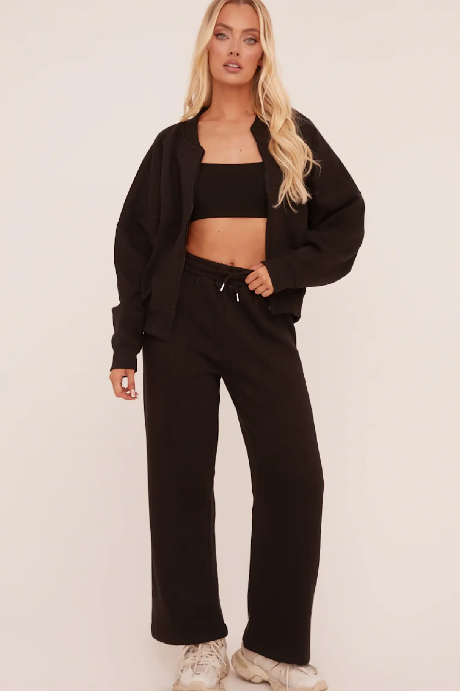 Rebellious Fashion Black Zip Front Bomber And Joggers Co-ord Set - Sasha