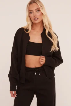 Rebellious Fashion Black Zip Front Bomber And Joggers Co-ord Set - Sasha