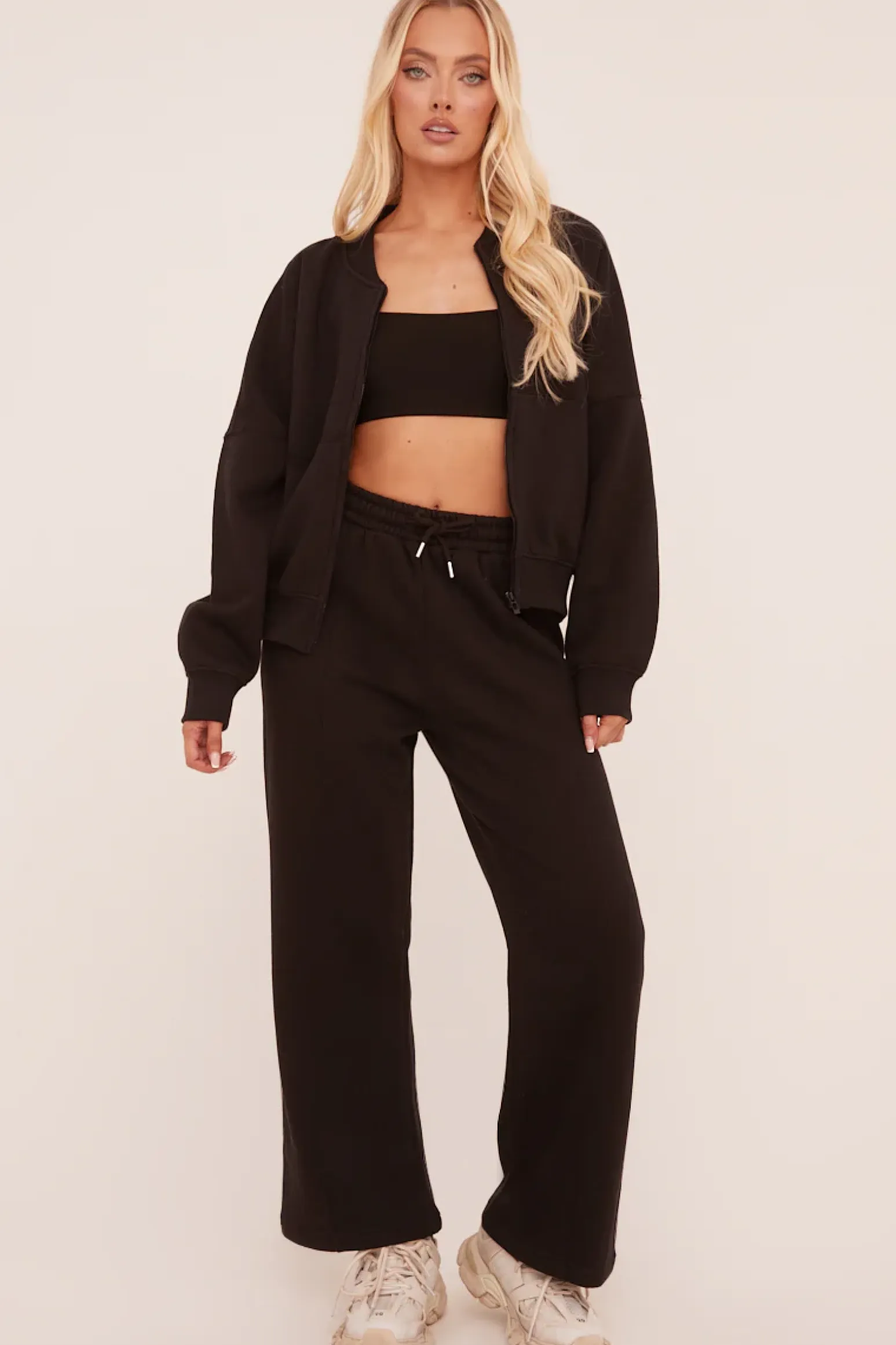 Rebellious Fashion Black Zip Front Bomber And Joggers Co-ord Set - Sasha