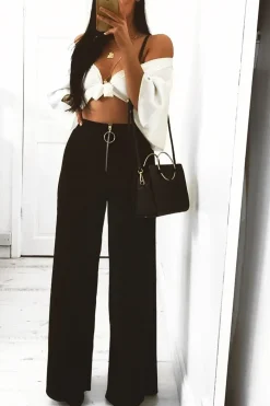 Rebellious Fashion Black Zip Front High Waisted Flare Trousers - Gerta