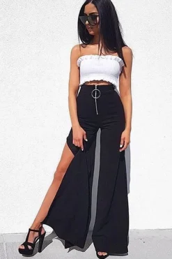 Rebellious Fashion Black Zip Front High Waisted Flare Trousers - Gerta