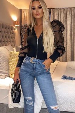Rebellious Fashion Black Zip Front Sheer Puff Sleeves Bodysuit - Vylet