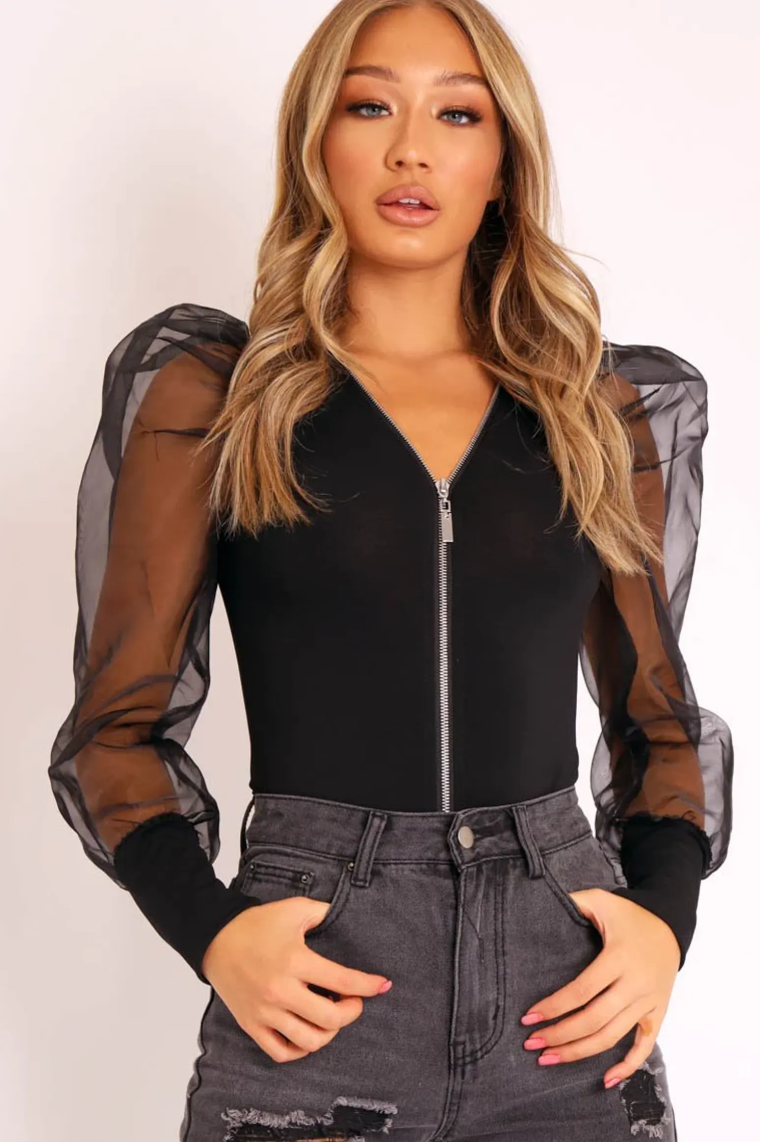 Rebellious Fashion Black Zip Front Sheer Puff Sleeves Bodysuit - Vylet