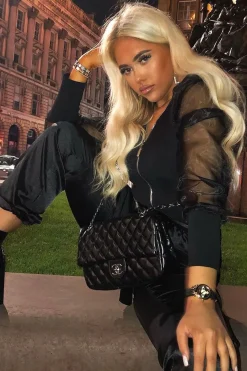 Rebellious Fashion Black Zip Front Sheer Puff Sleeves Bodysuit - Vylet