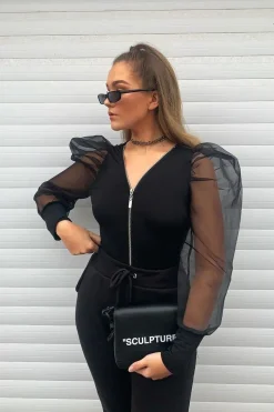 Rebellious Fashion Black Zip Front Sheer Puff Sleeves Bodysuit - Vylet