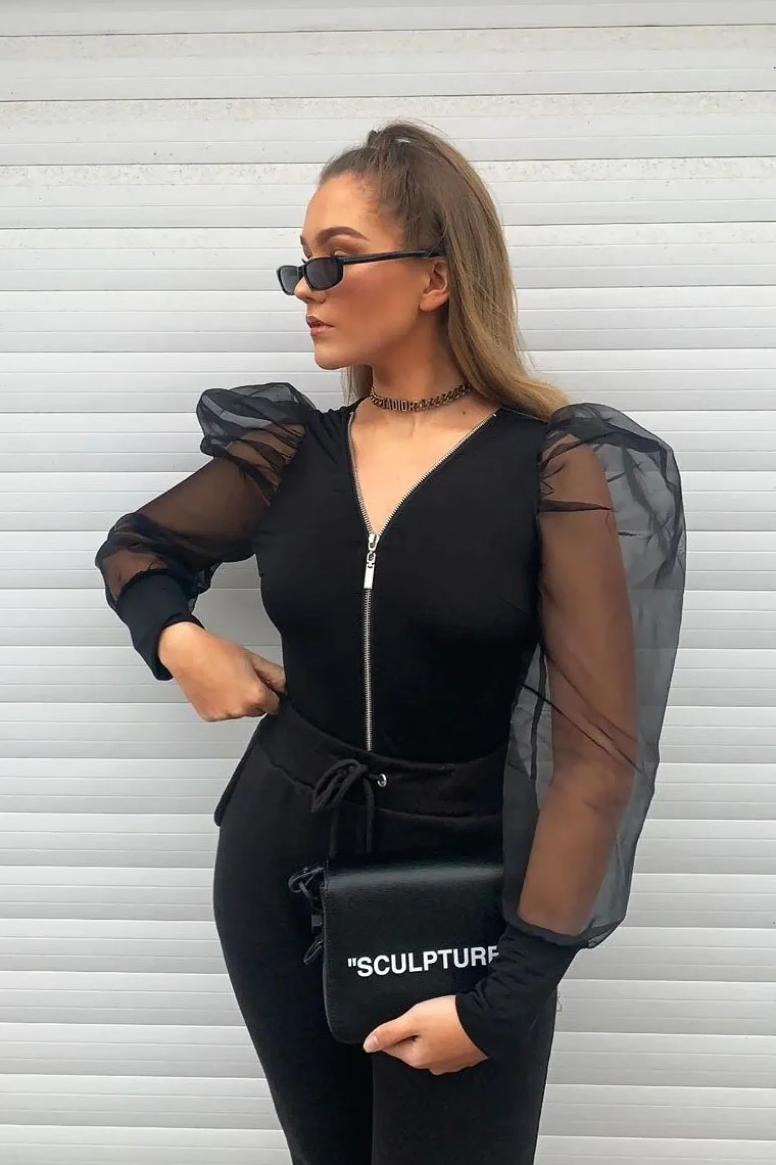 Rebellious Fashion Black Zip Front Sheer Puff Sleeves Bodysuit - Vylet
