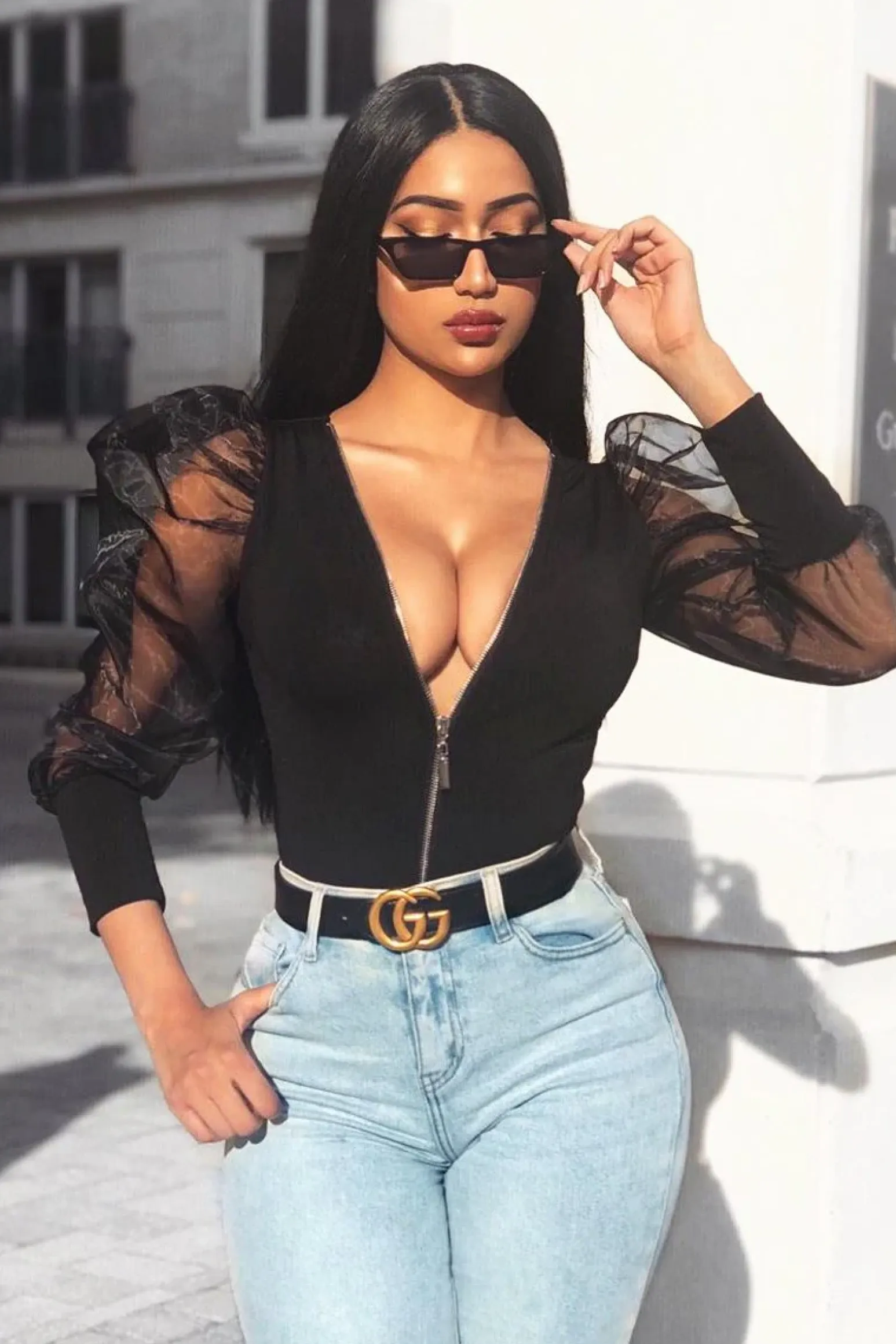Rebellious Fashion Black Zip Front Sheer Puff Sleeves Bodysuit - Vylet