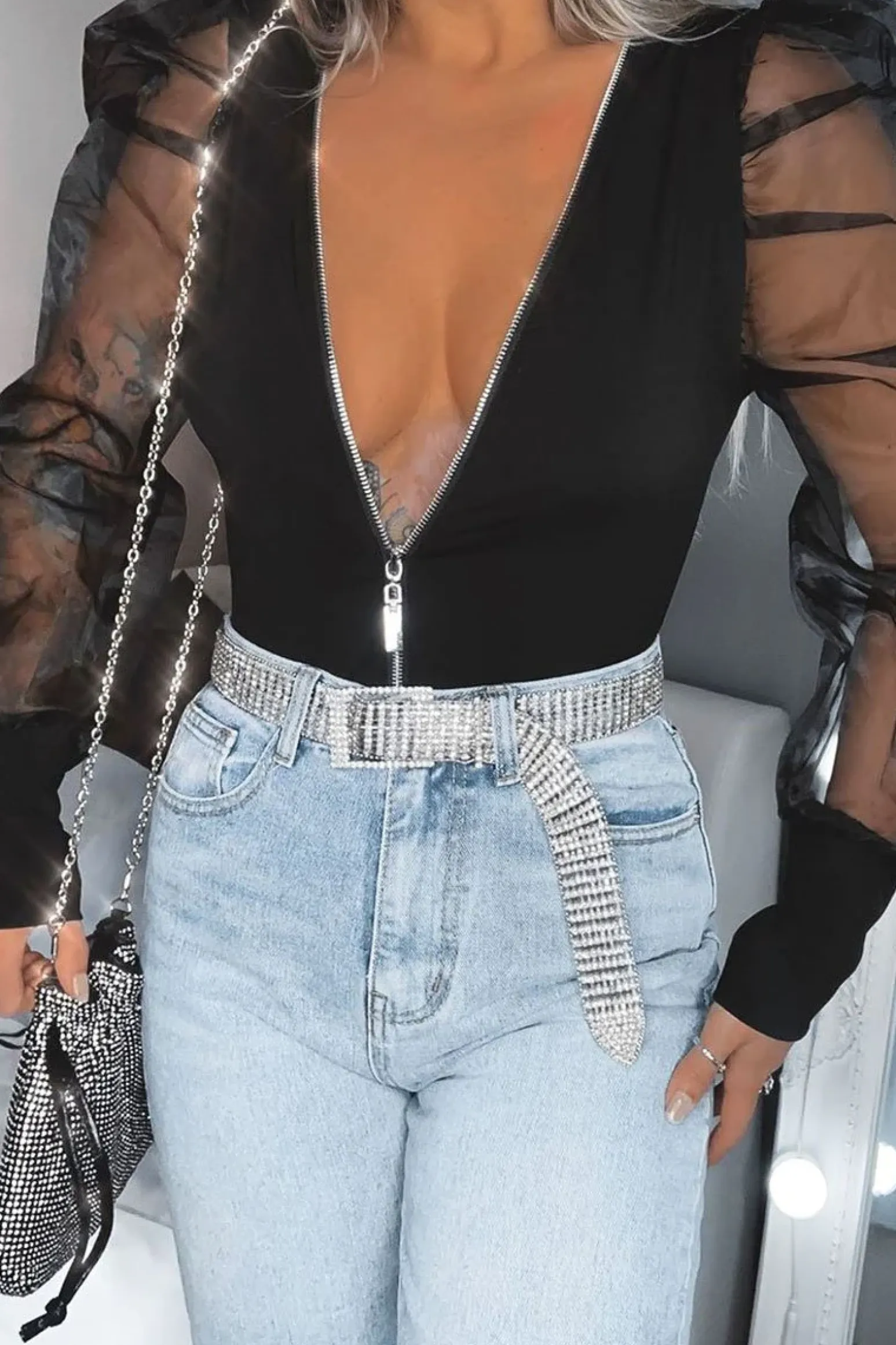 Rebellious Fashion Black Zip Front Sheer Puff Sleeves Bodysuit - Vylet