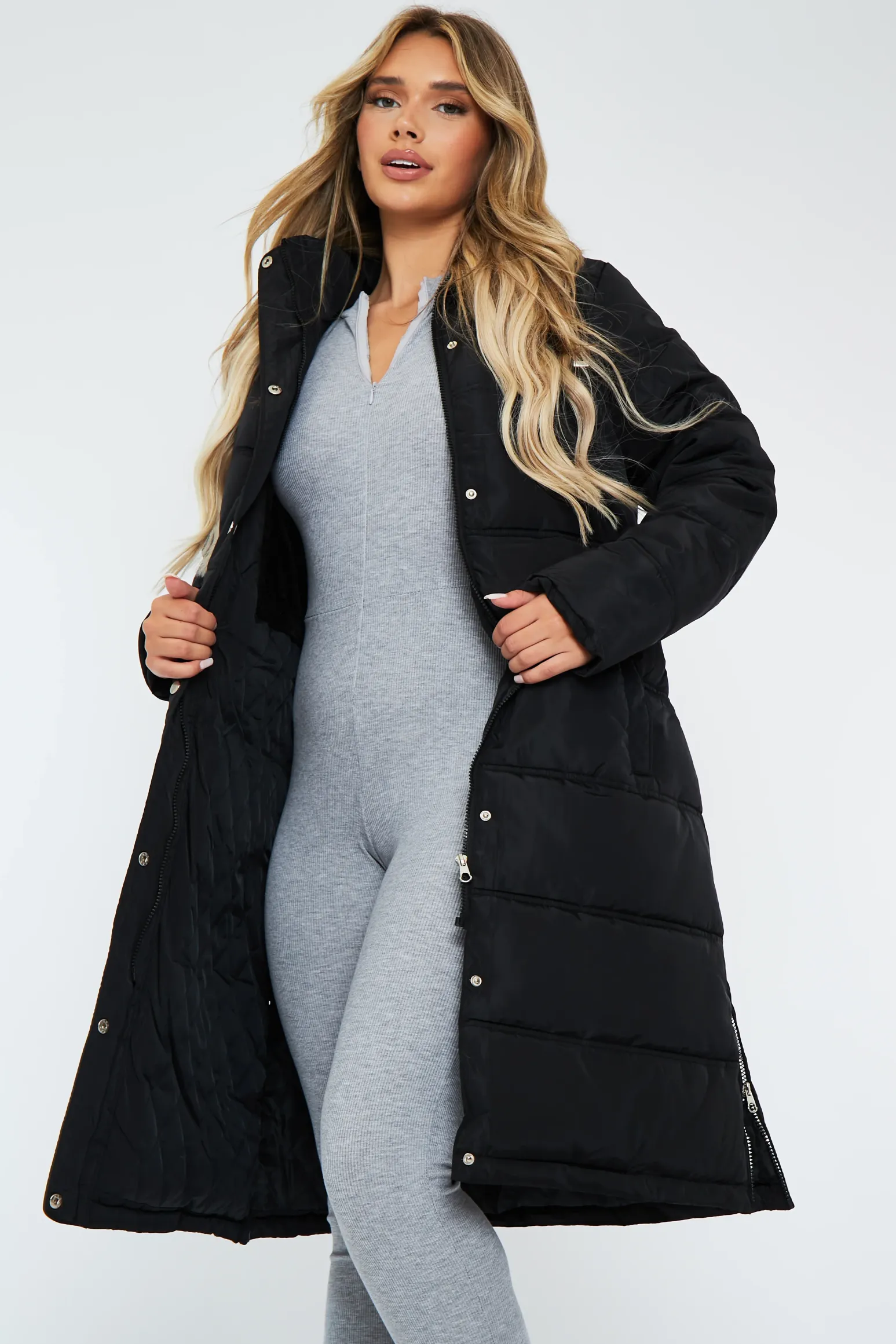 Rebellious Fashion Black Zip Hem Longline Puffer Coat - Vonnie