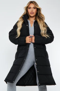 Rebellious Fashion Black Zip Hem Longline Puffer Coat - Vonnie