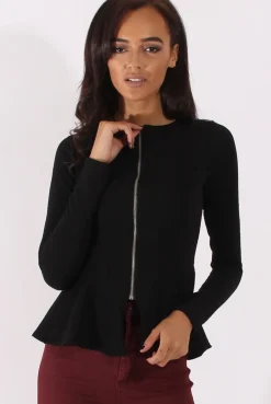 Rebellious Fashion Black Zip Textured Peplum Jacket - Honor