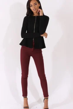 Rebellious Fashion Black Zip Textured Peplum Jacket - Honor
