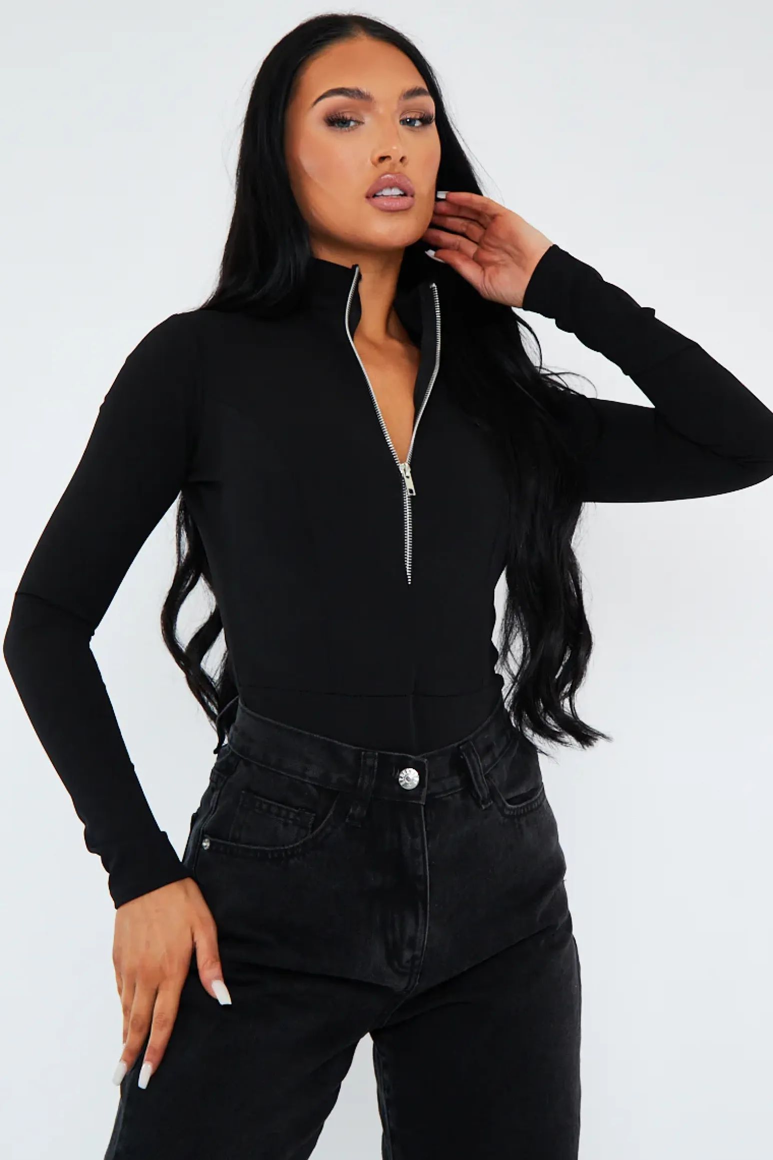 Rebellious Fashion Black Zip Up Front Bodysuit - Graylyn