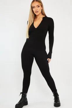 Rebellious Fashion Black Zip Up Front Full Sleeve Ribbed Jumpsuit - Lola