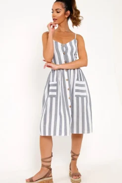 Rebellious Fashion Blue And White Stripe Button Up Dress - Lilyanne