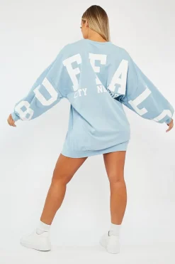 Rebellious Fashion Blue Buffalo New York Slogan Sweater Dress - Nazaria