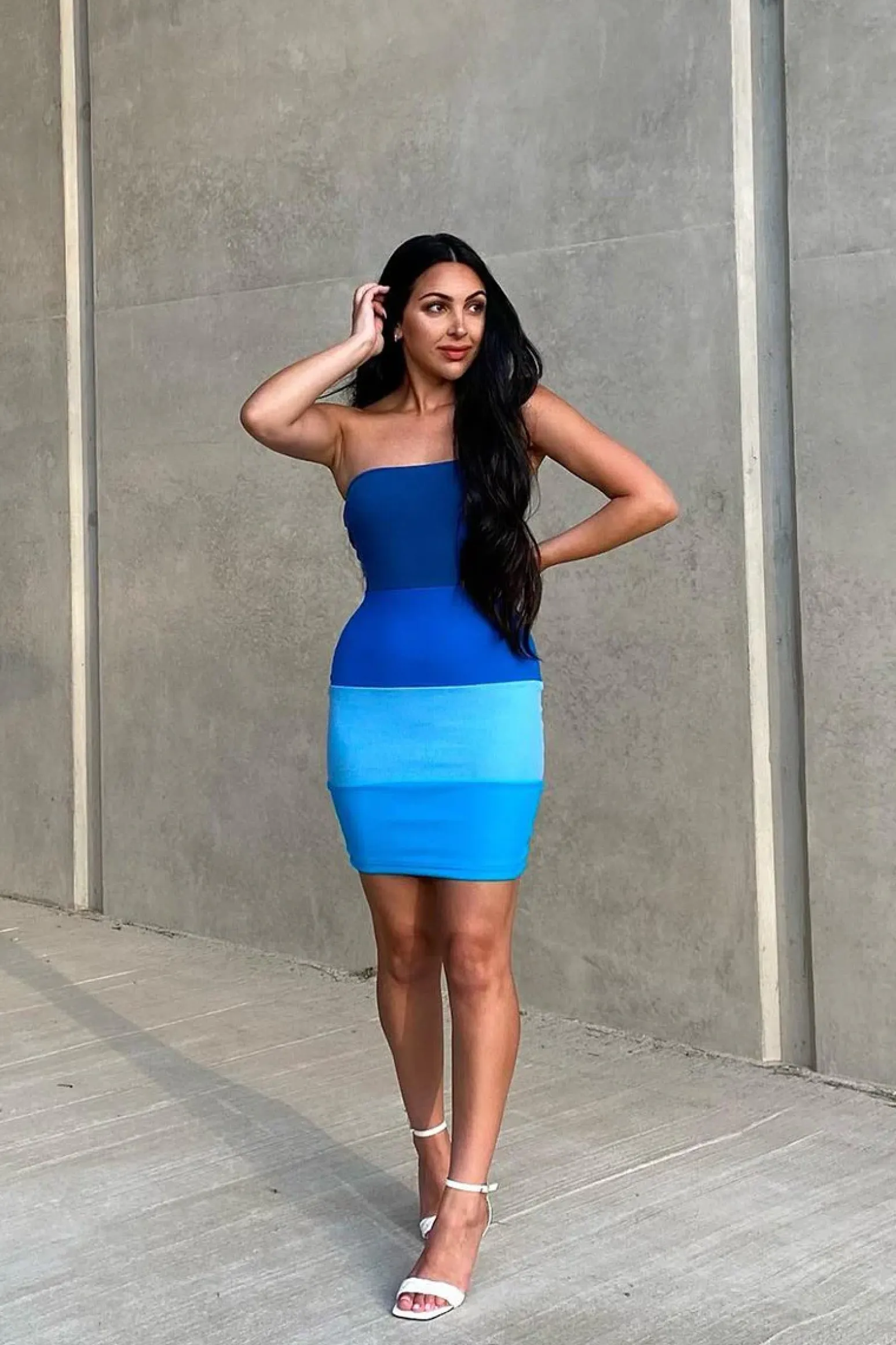Rebellious Fashion Blue Colour Block Bandeau Ribbed Mini Dress - Saddie