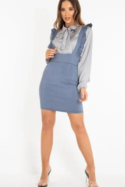 Rebellious Fashion Blue Denim Ruffle Front Pinafore Dress - Elya