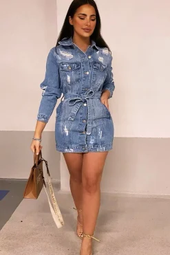 Rebellious Fashion Blue Distressed Belted Denim Shirt Dress - Whitney