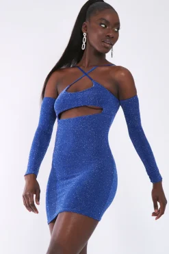Rebellious Fashion Blue Glitter Underboob Cut Out Mini Dress - Mae